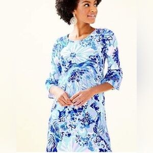 Lilly Pulitzer Ophelia Swing Dress L Blue Floral Bell Sleeve Preppy Coastal